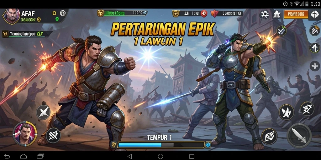 Tampilan antarmuka AFAF saat pertarungan 1 Lawan 1 yang mendebarkan.