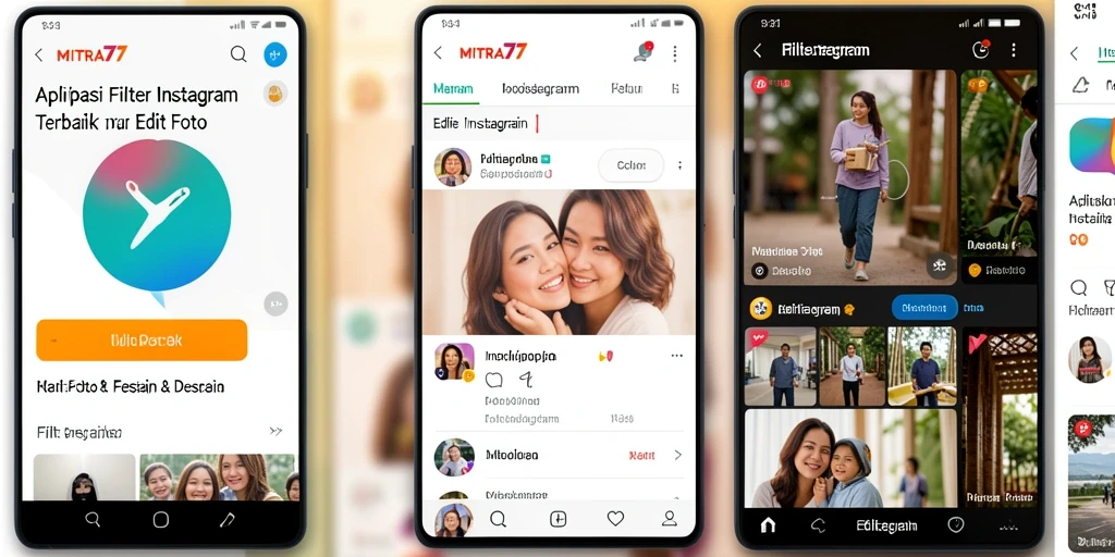 Tampilan antarmuka pengguna MITRA77 dengan berbagai filter Instagram yang menarik.